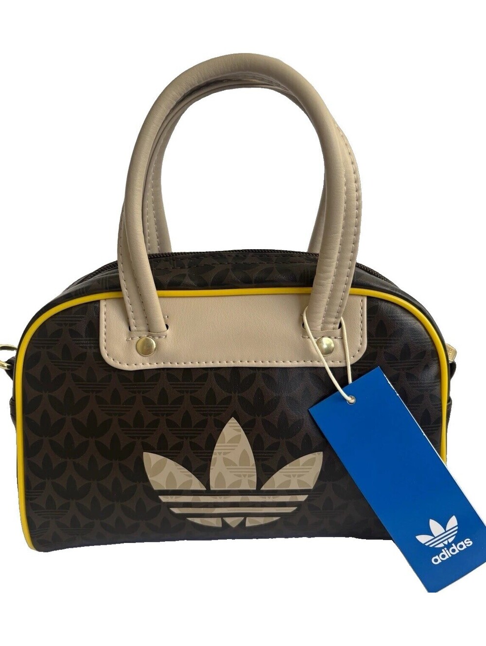 adidas Brown/Beige/Yellow Logo Satchel Top Handle Detachable Strap Gold HW